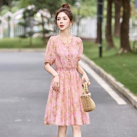 法式气质优雅小个子温柔时尚，V领收腰碎花连衣裙HR-BBL5058