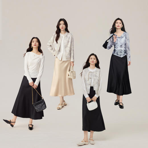 【五折购】熙世界优雅气质缎面黑色半身裙女2025年秋季新款高腰垂感鱼尾长裙 商品图1