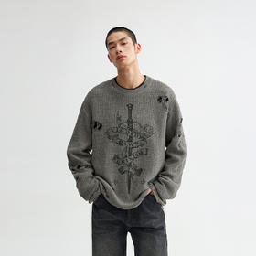 CHINISM折扣季 破洞圆领毛衣男秋季宽松套头上衣慵懒休闲针织衫