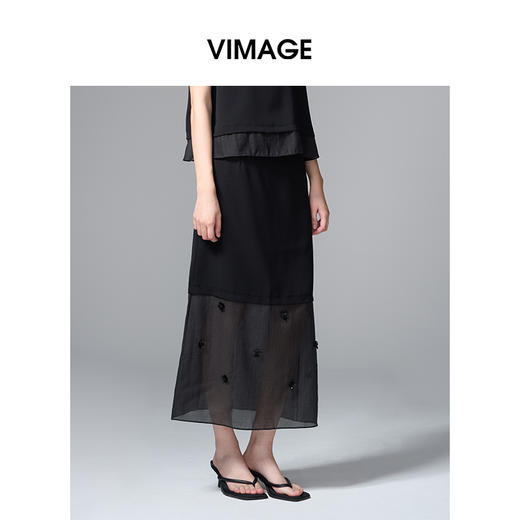 VIMAGE纬漫纪拼接网纱珠片花朵优雅A字显瘦半身裙2025季夏新款V2306934 商品图1