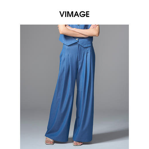 VIMAGE纬漫纪复古牛仔蓝高腰垂坠休闲百搭直筒阔腿裤2025夏季新款裤子V2305948 商品图3