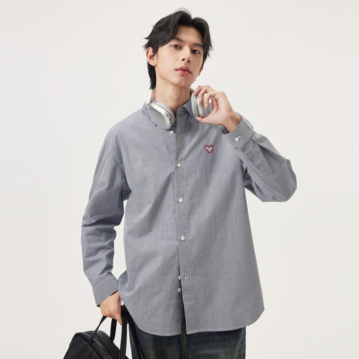 gxg.jeans男装 藏青条纹绣花宽松长袖衬衫外套 25年秋热卖 商品图2
