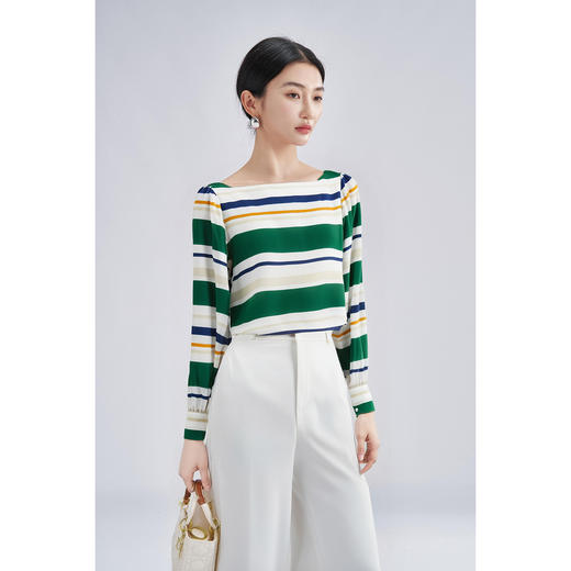 「彩条漫舞」桑蚕丝上衣 复古俏皮 女秋季经典条纹减龄百搭长袖小衫高级感4256 商品图2