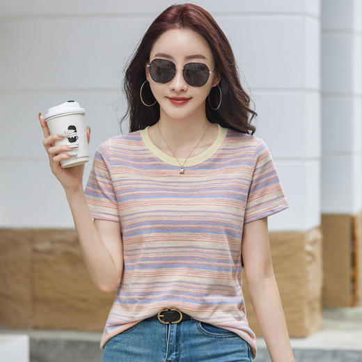 雀说新款撞色条纹圆领复古正肩短袖t恤女雪花竹节棉宽松上衣AL516 商品图3