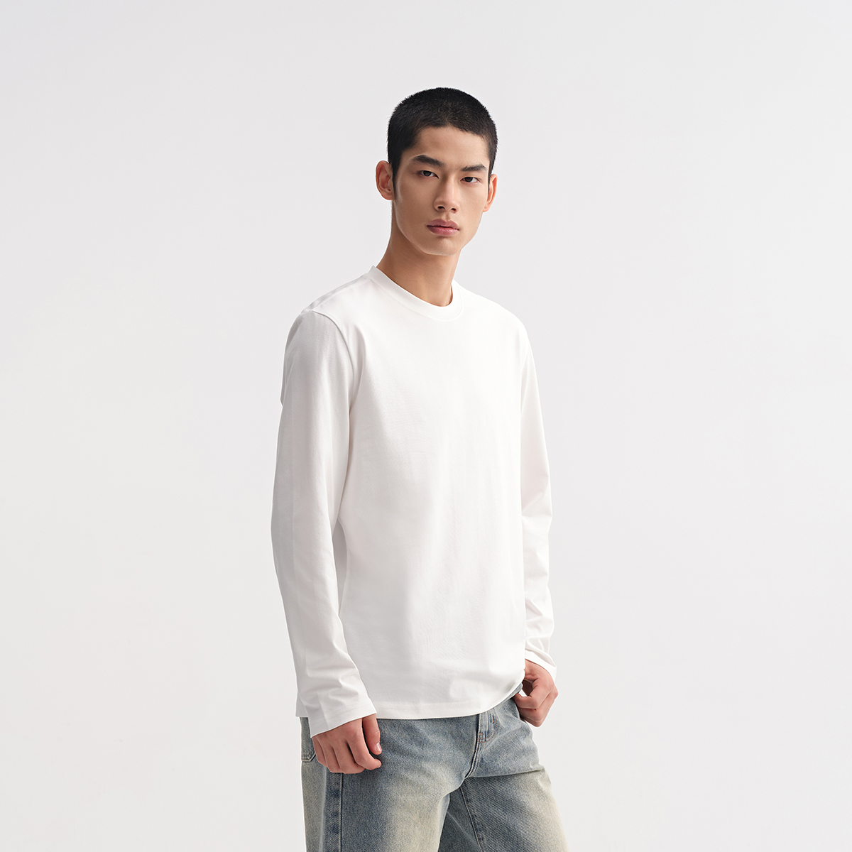 CHINISM赤尘 磨毛白色长袖t恤男冬季美式男士圆领纯色内搭打底衫
