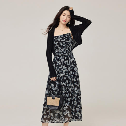 【08/12新品】熙世界复古印花吊带连衣裙套装女2025早秋新款针织开衫裙子两件套 商品图4