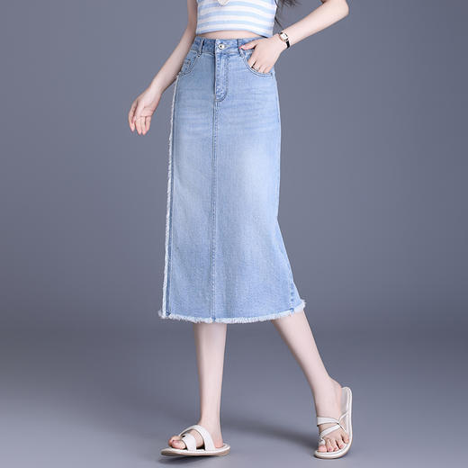 【预售3天】PY-2025新款女韩版高腰中长款包臀裙简约牛仔直筒开叉半身裙SES&BF9817 商品图2