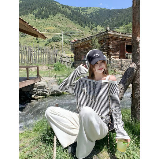 <曾小咸推荐>3.21现货秒杀 ！微信超特价！韩系一字肩条纹长袖T恤 日常149.99 立减90 秒杀59.99！！ 商品图2