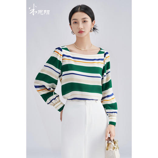 「彩条漫舞」桑蚕丝上衣 复古俏皮 女秋季经典条纹减龄百搭长袖小衫高级感4256 商品图1