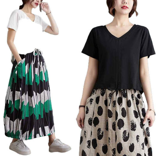 雀说新款宽松大码套装复古棉麻印花休闲连衣裙两件套AL5582 商品图2