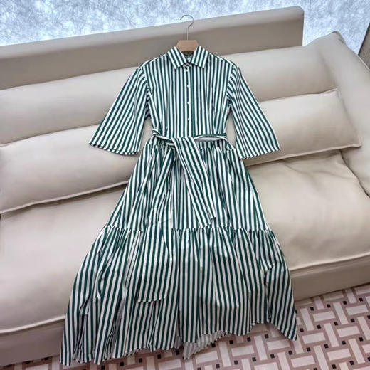 新款M*X府绸棉条纹荷叶大摆收腰系带衬衫裙 商品图3