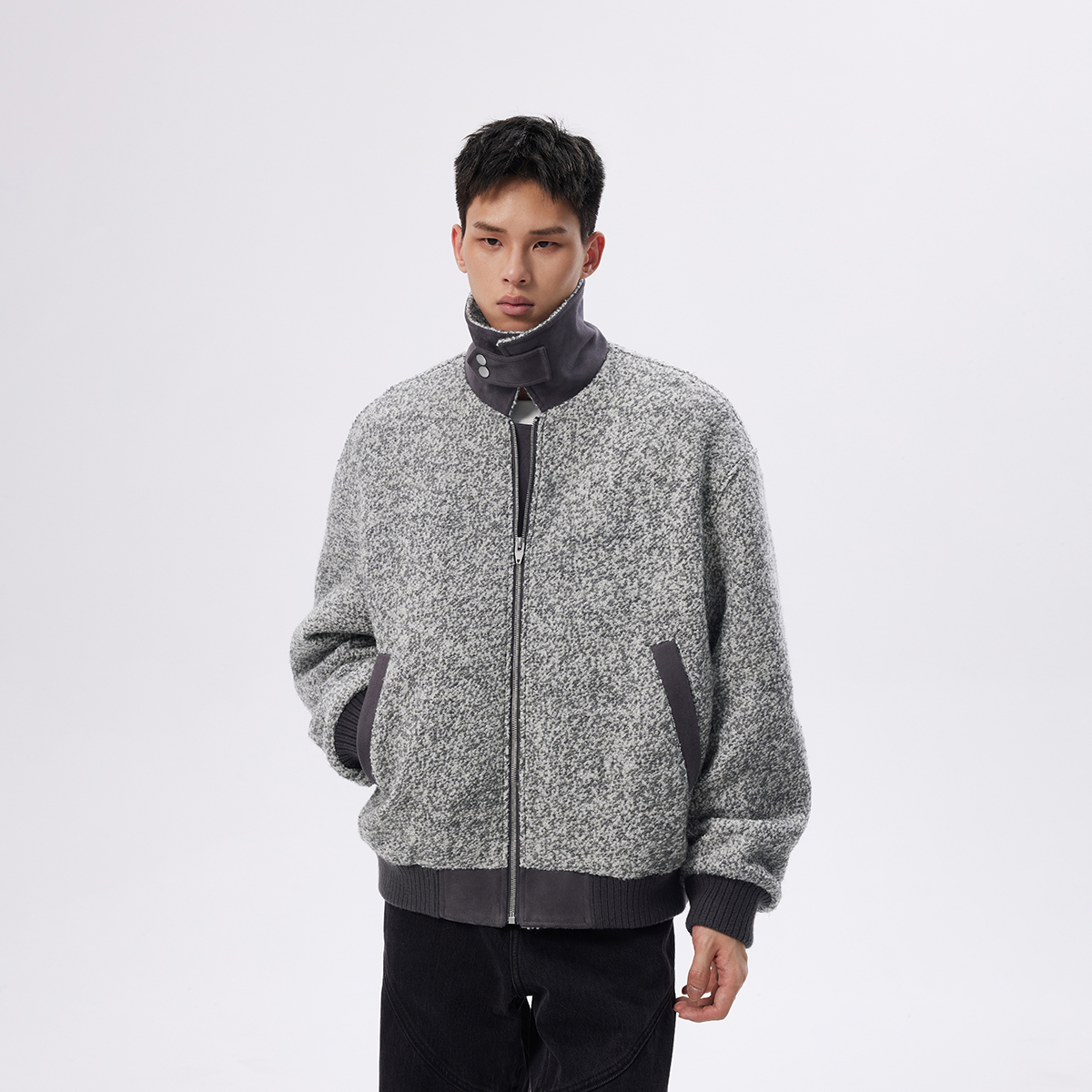 CHINISM赤尘 花灰色短款毛呢外套男冬季新款美式加厚夹克男士棉服