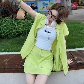 MZ翻领无袖短袖外套配半裙两件套（绿）夏季952010030321