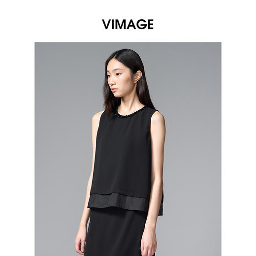 VIMAGE纬漫纪简约轻薄珠领口片外穿背心宽松无袖上衣2025季夏新款V2313956 商品图1