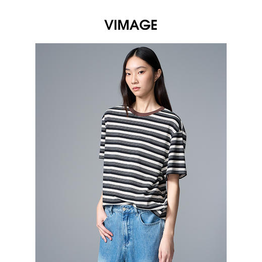 VIMAGE纬漫纪纯棉圆领复古百搭宽松撞色条纹t恤上衣2025夏季新款V2302922 商品图1