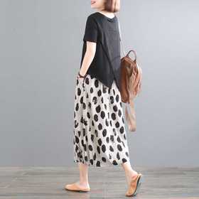 雀说新款宽松大码套装复古棉麻印花休闲连衣裙两件套AL5582