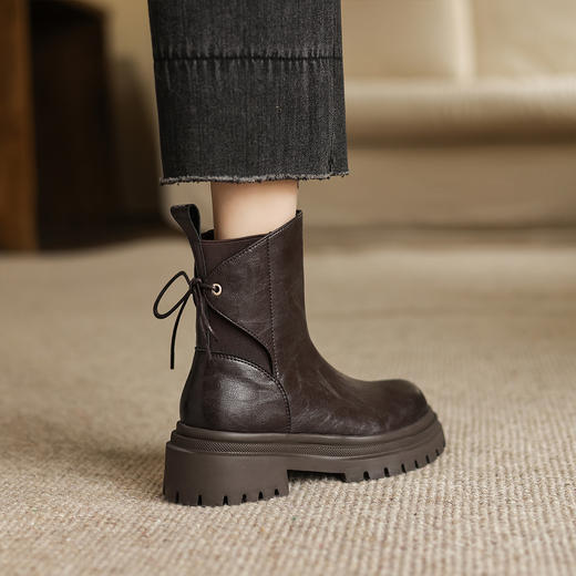 阿么手工女鞋新款拼接后绑带牛皮厚底短靴5CM高级感小众百搭靴子 商品图2