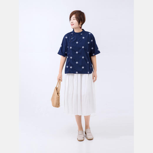 藏蓝色中式短袖上衣 商品图1