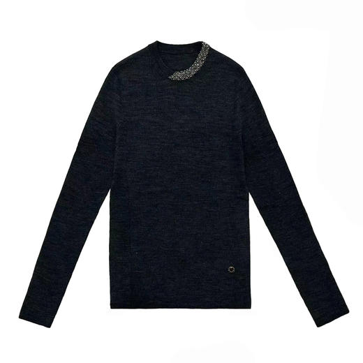 「自」全新升级【铂金会员266/天猫359/差价93】(05809)洛诗琳无缝一体羊毛针织衫2025秋冬重工钉珠圆领坑条毛衣女 商品图4