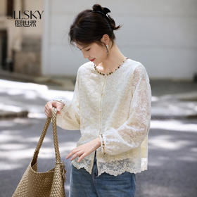【08/12新品】熙世界法式重工刺绣蕾丝衬衫女2025秋季新款织带圆领长袖小衫上衣