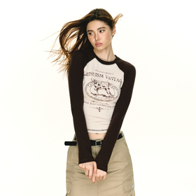 Ariseism 美式复古印花圆领长袖t恤女2025秋季新款插肩袖修身上衣