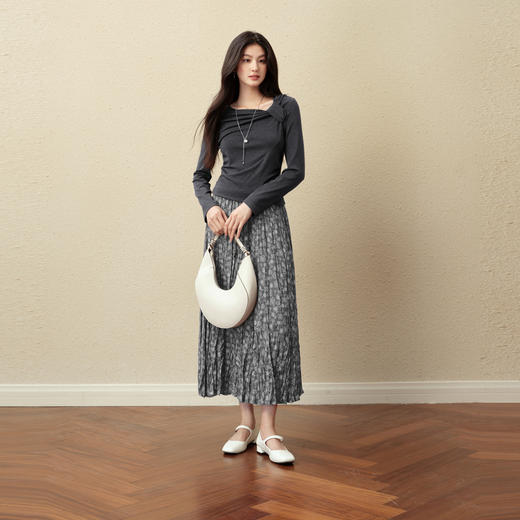 【严选】诗凡黎灰色细褶碎花半身裙2025秋新款灵动飘逸显瘦优雅气质中长裙7G8340981 商品图1