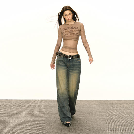 Ariseism 美式复古辣妹网纱长袖t恤女秋季新款紧身上衣内搭打底衫 商品图4