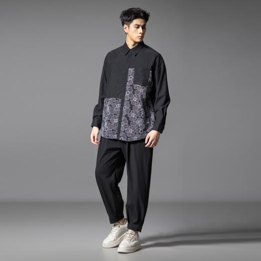 PINLI品立春季新款拼接刺绣长袖衬衫男肌理感休闲宽松衬衣潮B253113003 商品图4