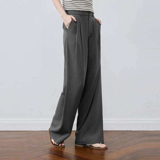 【严选】【小凉风】诗凡黎灰色直筒阔腿休闲裤松紧腰通勤百搭舒适黑色长裤7G3150921 商品图0