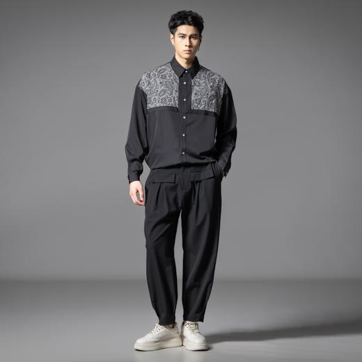 PINLI品立春季新款佩雷斯提花拼接平纹衬衣长袖衬衫潮牌男士B253113009 商品图4