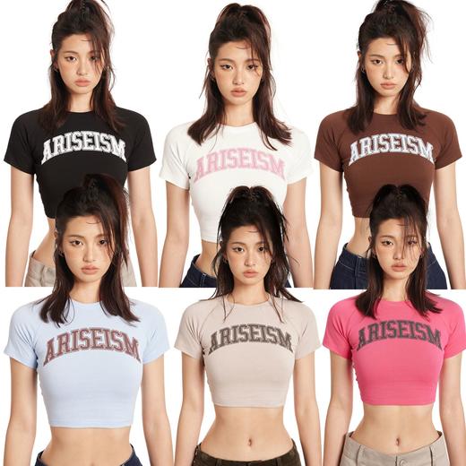 Ariseism 美式复古发泡logo露脐上衣2025夏季短款辣妹短袖t恤女 商品图0