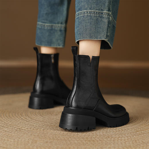 阿么手工女鞋英伦风粗跟短靴女5.5CM冬季增高真皮烟筒靴洋气百搭 商品图3