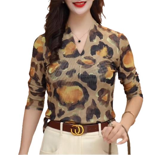 春季高端网纱时尚洋气显瘦豹纹V领打底衫女2025新款设计感修身T恤 商品图4