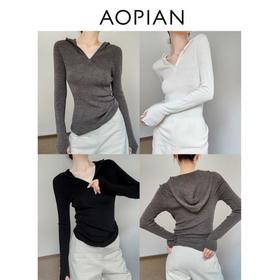 奥篇一衣多穿 连帽拉链V领修身显瘦精纺扬子纱羊毛针织衫可内搭外穿