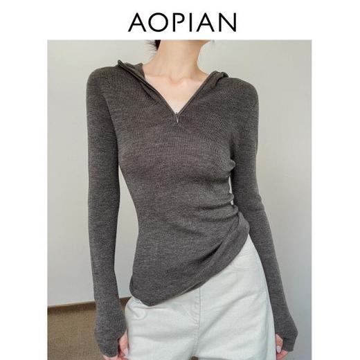 奥篇一衣多穿 连帽拉链V领修身显瘦精纺扬子纱羊毛针织衫可内搭外穿 商品图1