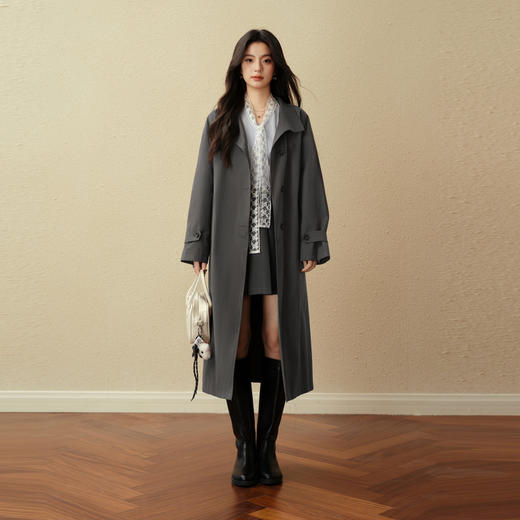 【严选】诗凡黎英伦风灰色立领系带风衣2025秋新款长款酷飒宽松通勤外套女7G7160271 商品图1