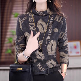 德绒打底衫女士妈妈款秋冬装内搭洋气高端印花小衫半高领长袖上衣