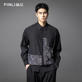 PINLI品立春季新款拼接刺绣长袖衬衫男肌理感休闲宽松衬衣潮B253113003