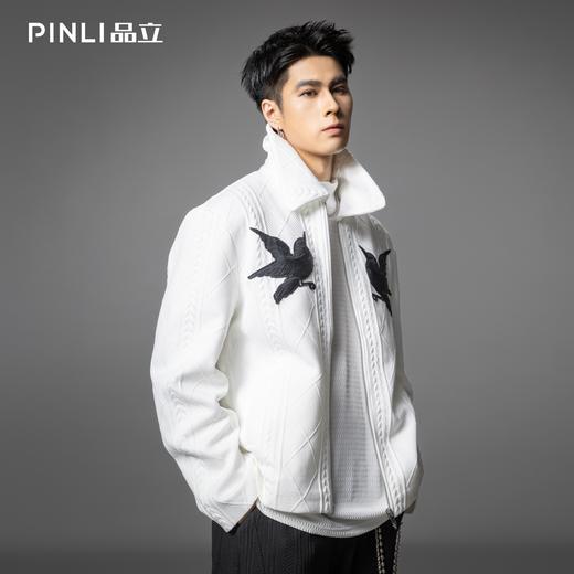 PINLI品立2025秋季新款可翻高领针织提花夹克男士贴布绣短款外套B253104018 商品图0