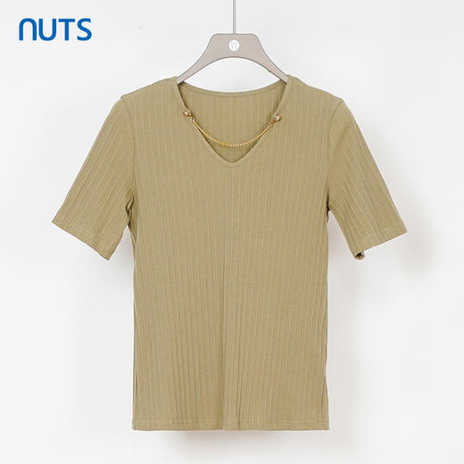 NUTS商场同款V领夏款纯色时尚气质百搭中袖T恤女231022076B 商品图4