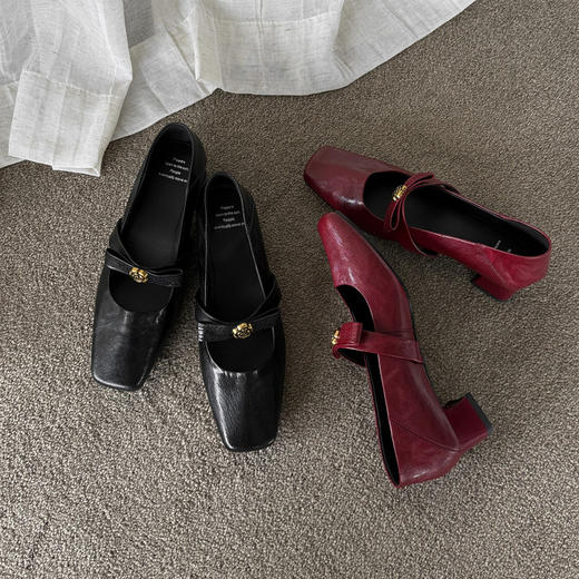 【预售5天】羊皮版~法式粗跟方头山茶花蝴蝶结一字带玛丽珍女鞋气质通勤单鞋QQJ&JZ-1920 商品图1