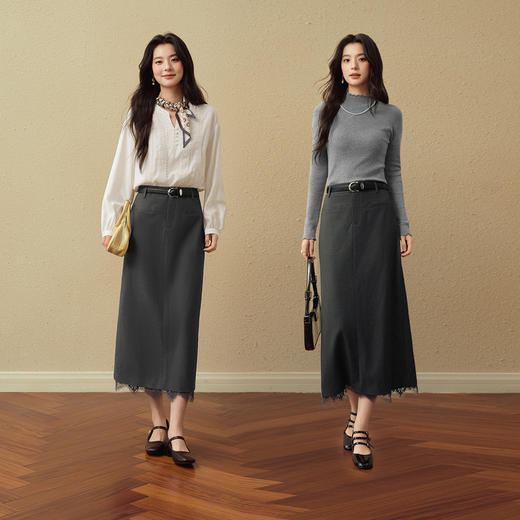 【严选】诗凡黎H型蕾丝拼接开叉半身裙2025秋新款简约通勤修身显瘦包臀裙7G8340991 商品图1