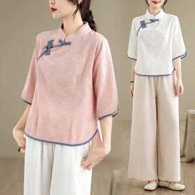 A5582 2025夏季新款复古中国风改良棉麻禅意茶服七分袖上衣套装女