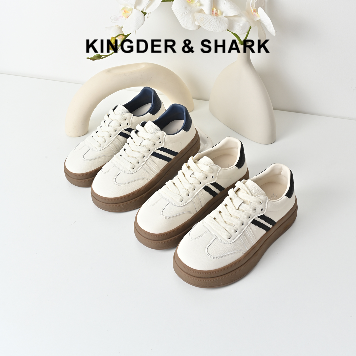 经典鲨2025秋专柜新品牛皮革韩版时尚拼色系带平底德训鞋女KW313-537081