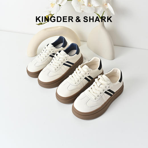 经典鲨2025秋专柜新品牛皮革韩版时尚拼色系带平底德训鞋女KW313-537081 商品图0
