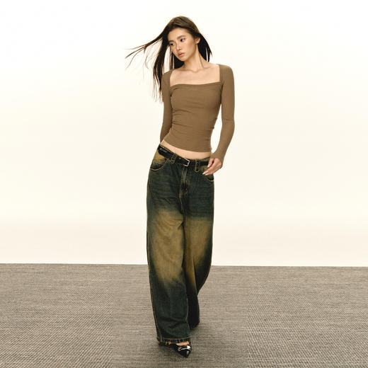 Ariseism 美式复古双色方领长袖T恤女2025秋季新款修身上衣打底衫 商品图4