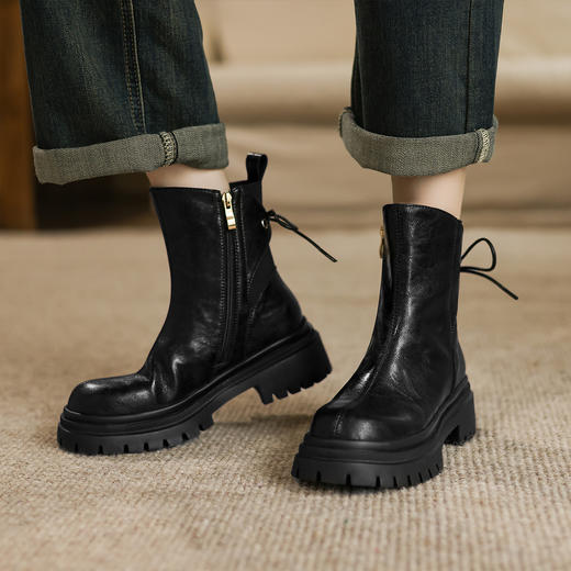 阿么手工女鞋新款拼接后绑带牛皮厚底短靴5CM高级感小众百搭靴子 商品图1