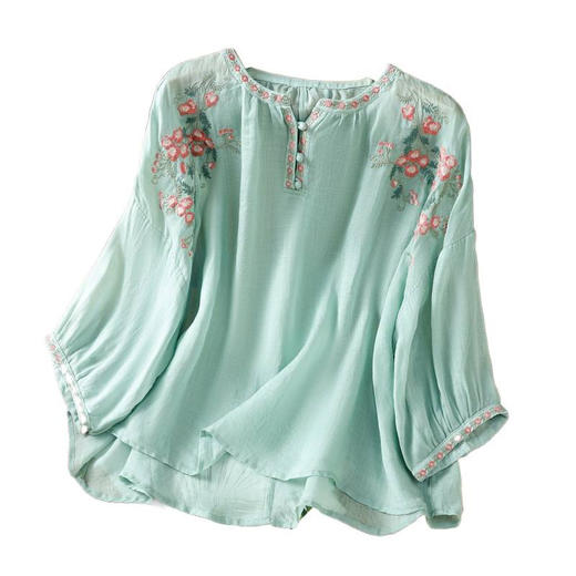 A80912025夏新款复古民族风改良文艺休闲棉麻刺绣宽松衬衫上衣女 商品图4