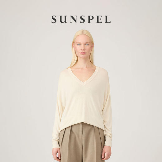SUNSPEL女士春夏桑蚕丝真丝宽松V领针织套头衫 商品图0