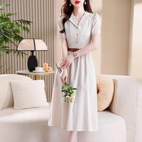 【预售3天】PY 高腰条纹短袖翻领连衣裙 &2913